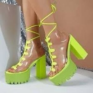 FASHION NOVA Women’s Neon Yellow Transparent Peep Toe Lace-Up Chunky Sole Boots